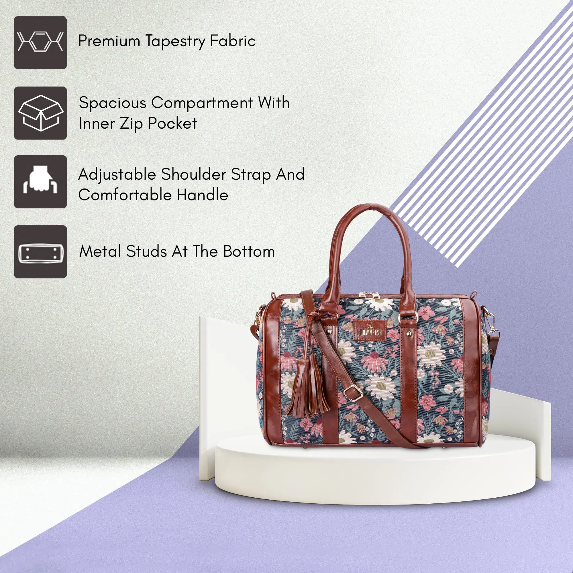 THE CLOWNFISH Lorna Tapestry Fabric & Faux Leather Handbag Sling Bag for Women Office Bag Ladies Shoulder Bag Tote For Women College Girls (Purple-Floral)