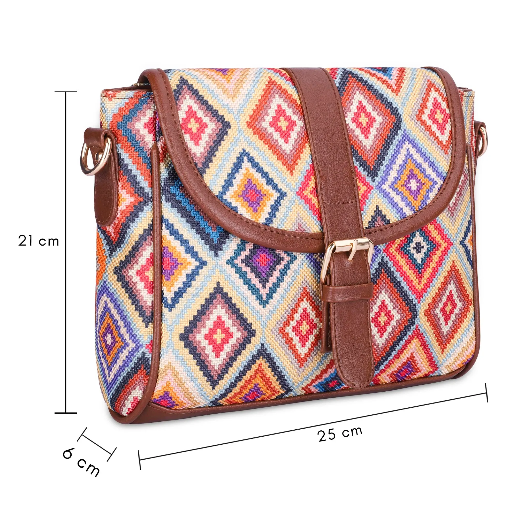 THE CLOWNFISH Madeline Printed Handicraft Fabric Handbag for Women Sling Bag Office Bag Ladies Shoulder Bag with Snap Flap Closure Tote For Women College Girls (Multicolour-Diamond Design)