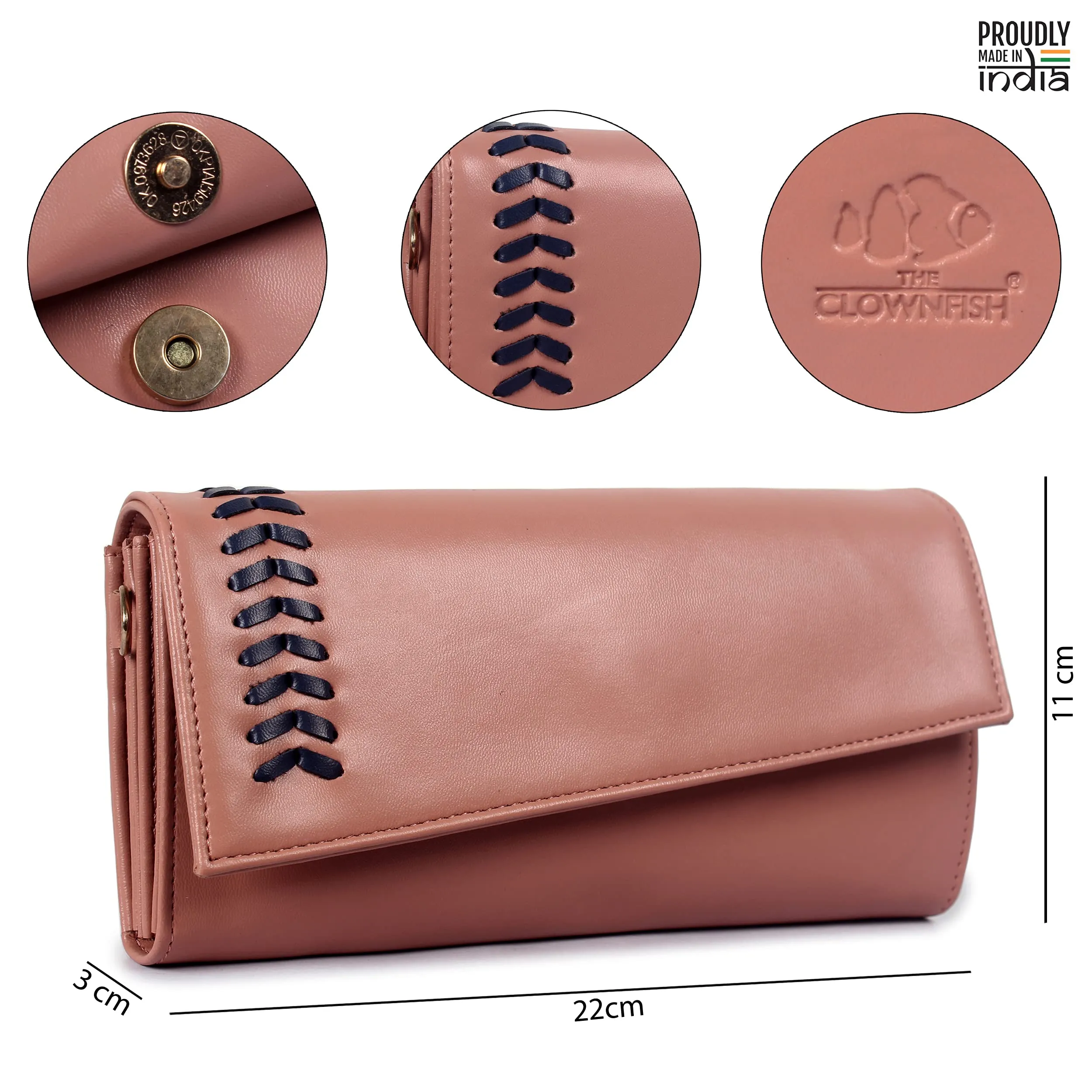 THE CLOWNFISH Myra Collection Womens Wallet Clutch Ladies Purse Sling Bag with Card slots (Peach)