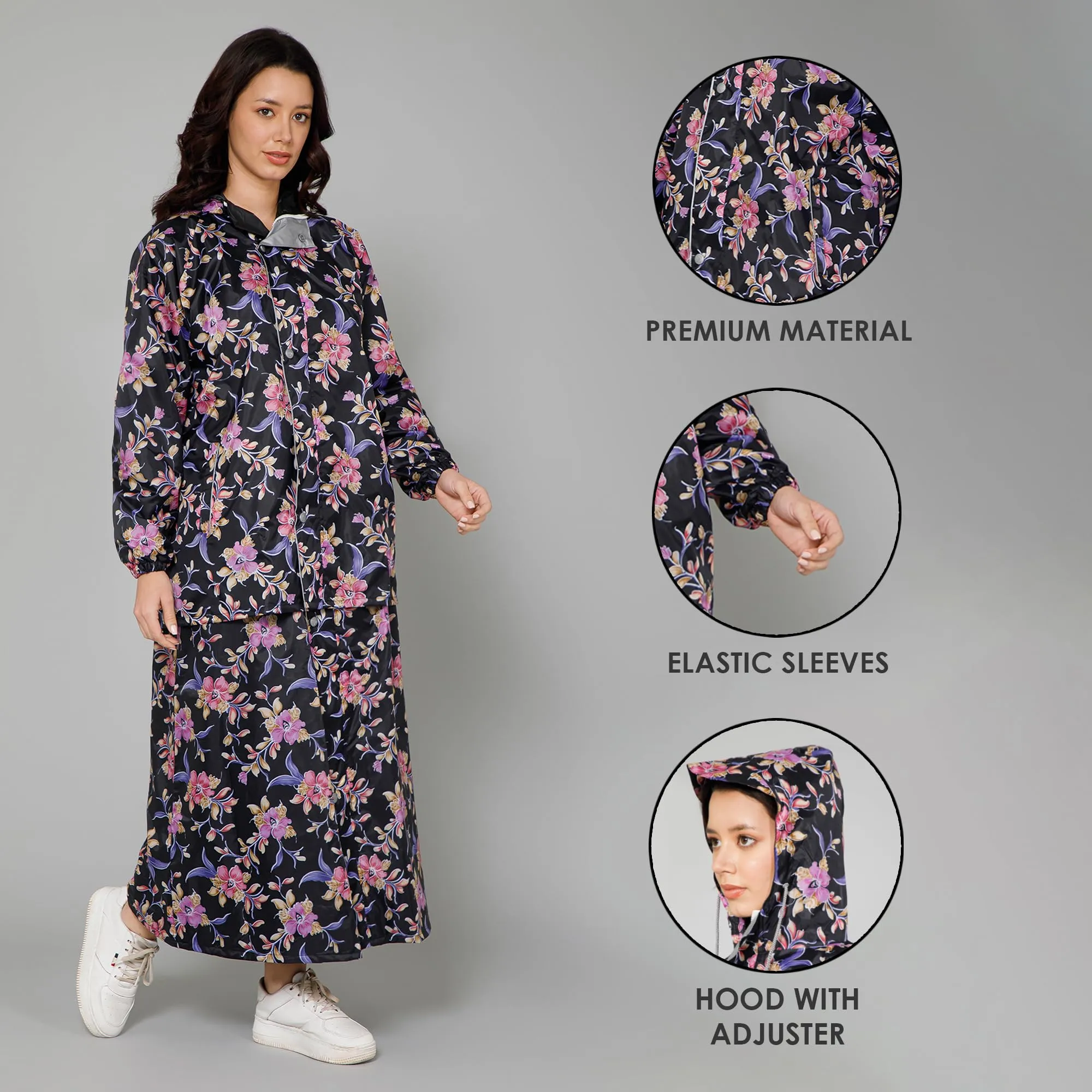 THE CLOWNFISH Polyester Waterproof Rain Coat For Women Skirt and Top Raincoat With Adjustable Hood and Front Pockets Rain Glam Series (Black Floral, XX-Large)