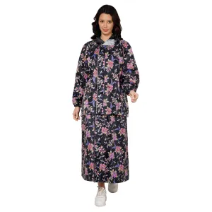 THE CLOWNFISH Polyester Waterproof Rain Coat For Women Skirt And Top Standard Length Raincoat With Adjustable Hood And Front Pockets Rain Glam Series (Black Floral, Xl)