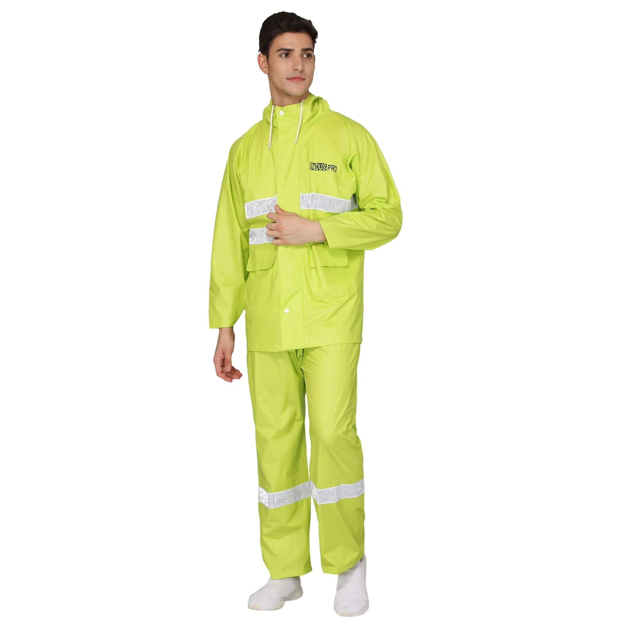 THE CLOWNFISH Polyvinyl Chloride (Pvc) Rain Coat For Men Waterproof For Bike With Hood Standard Length Raincoat For Men. Set Of Top And Bottom Packed In A Storage Bag Indus Pro(Green,Xxx-Large)