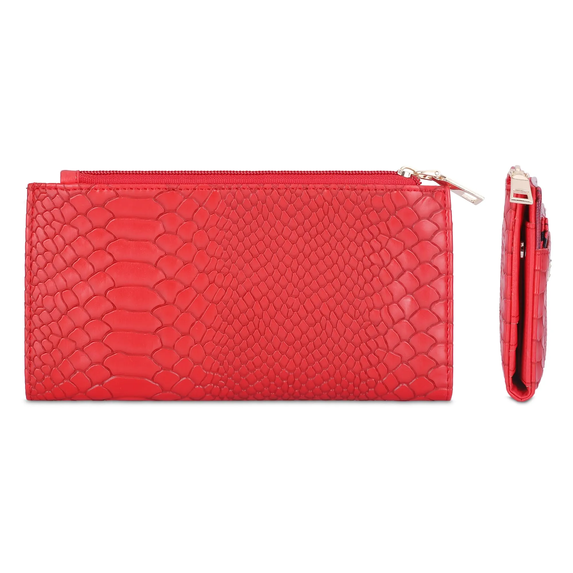 THE CLOWNFISH Prospera Collection Crocodile Finish Faux Leather Bi-Fold Womens Wallet Clutch Ladies Purse with Separate Multiple Cards Holder (Crimson Red)