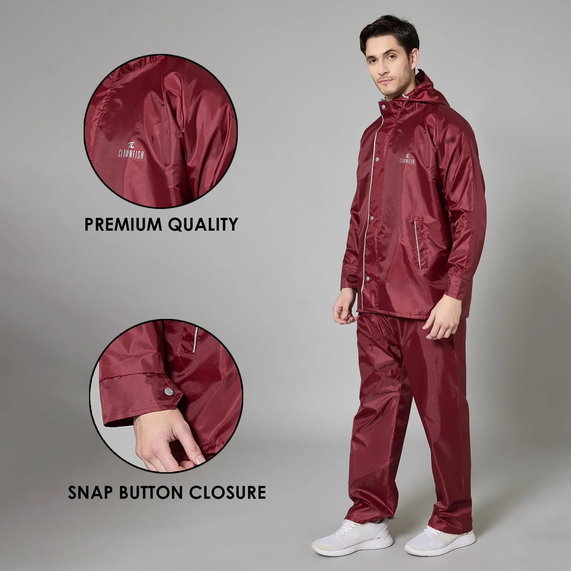 THE CLOWNFISH Rain Coat for Men Waterproof Raincoat with Pants Polyester Reversible Double Layer Rain Coat For Men Bike Rain Suit Rain Jacket Suit Inner Mobile Pocket with Storage Bag (Maroon XL)