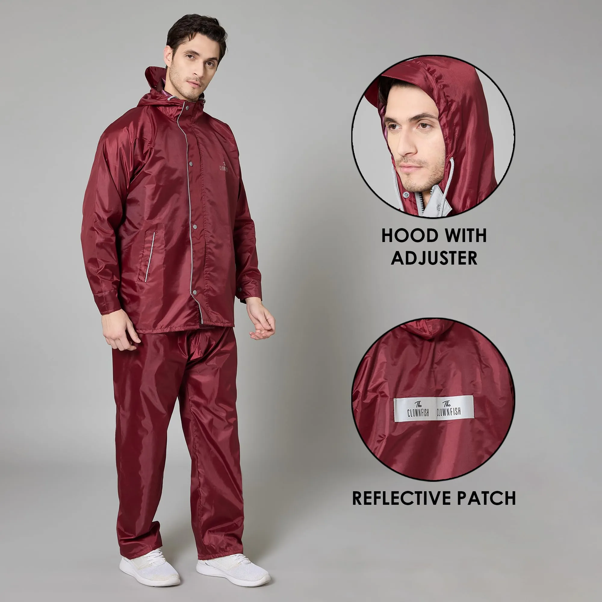 THE CLOWNFISH Rain Coat for Men Waterproof Raincoat with Pants Polyester Reversible Double Layer Rain Coat For Men Bike Rain Suit Rain Jacket Suit Inner Mobile Pocket with Storage Bag (Maroon XL)