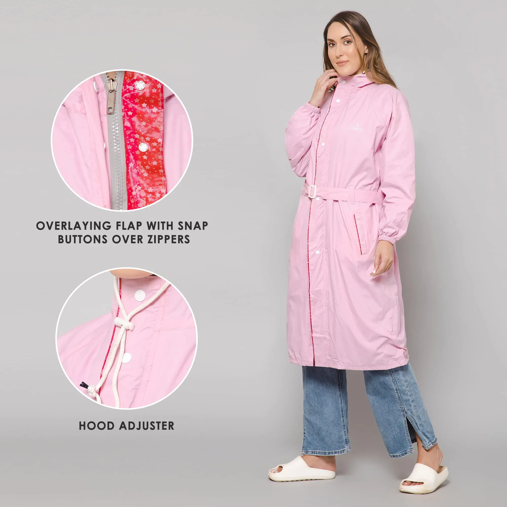 THE CLOWNFISH Raincoats for Women Rain Coat for Women Longcoat Raincoat for Ladies Waterproof Reversible Double Layer. Aquashield Series (Baby Pink, 2X-Large)