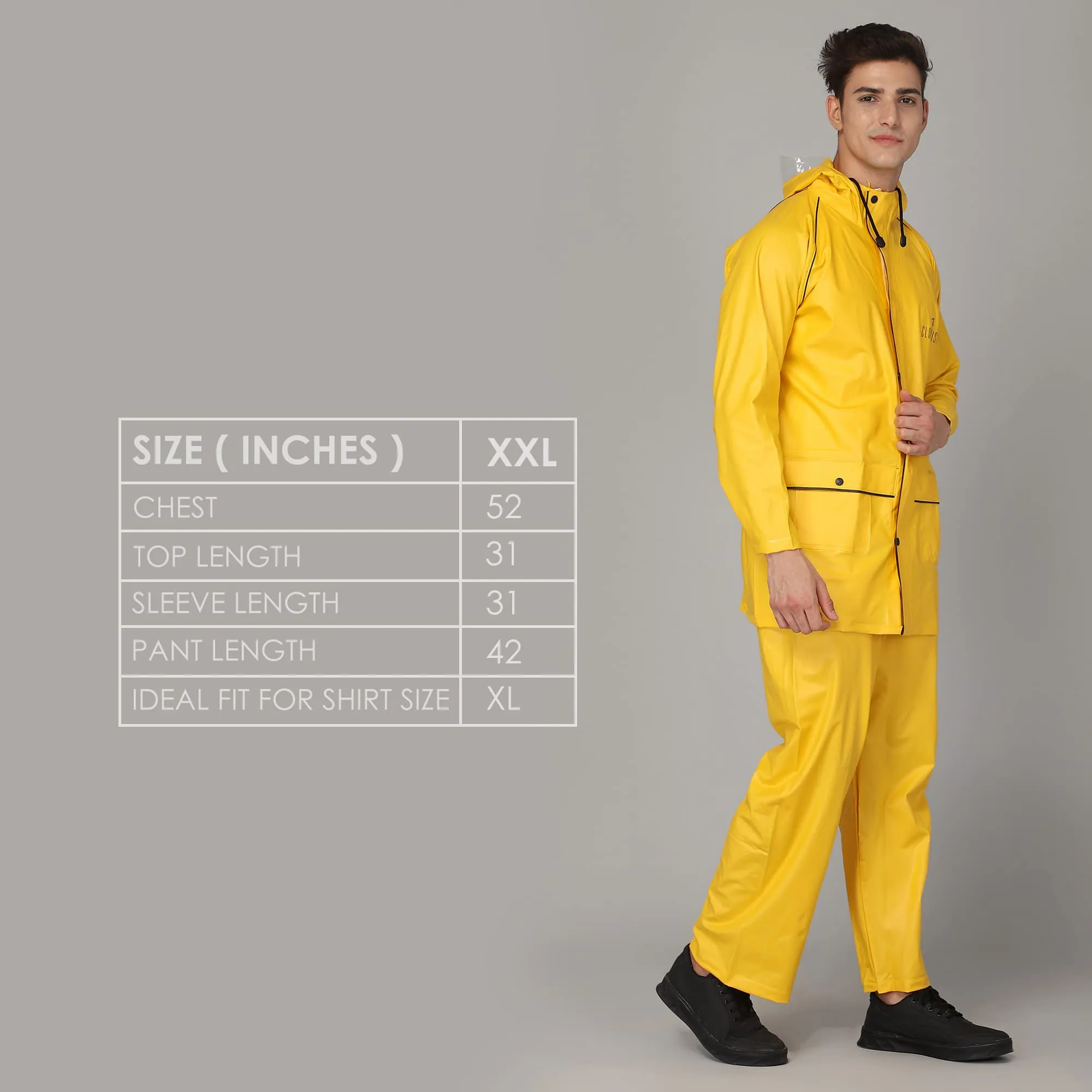 THE CLOWNFISH Roberto Series PVC Rain Coat for Men Waterproof for Bike with Hood Raincoat for Men. Set of Top and Bottom Packed in a matching Storage Bag (Yellow with black piping, XX-Large)