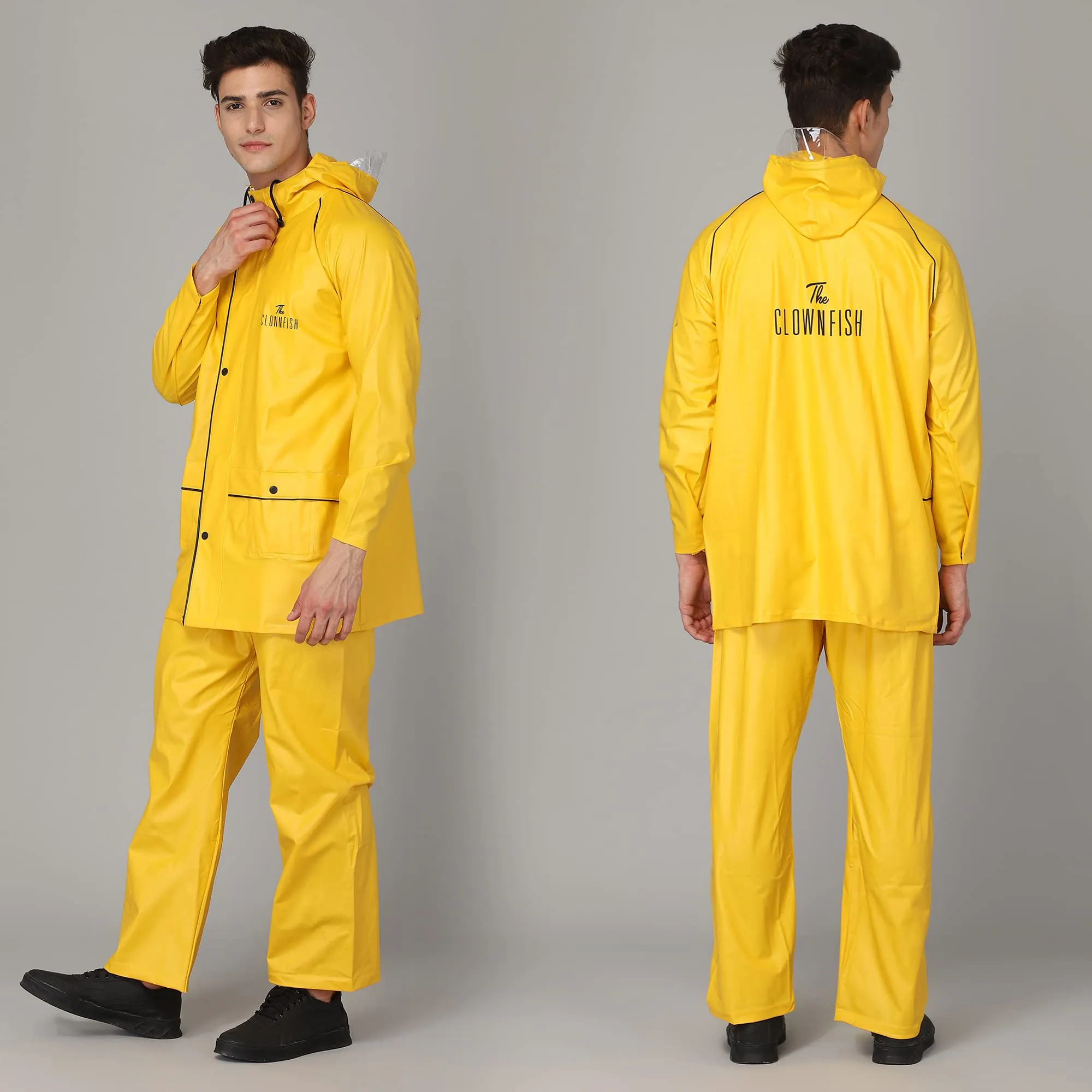 THE CLOWNFISH Roberto Series PVC Rain Coat for Men Waterproof for Bike with Hood Raincoat for Men. Set of Top and Bottom Packed in a matching Storage Bag (Yellow with black piping, XX-Large)