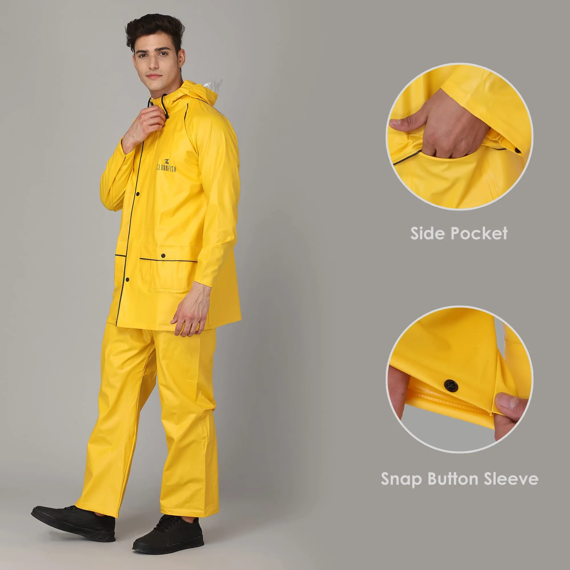 THE CLOWNFISH Roberto Series PVC Rain Coat for Men Waterproof for Bike with Hood Raincoat for Men. Set of Top and Bottom Packed in a matching Storage Bag (Yellow with black piping, XX-Large)