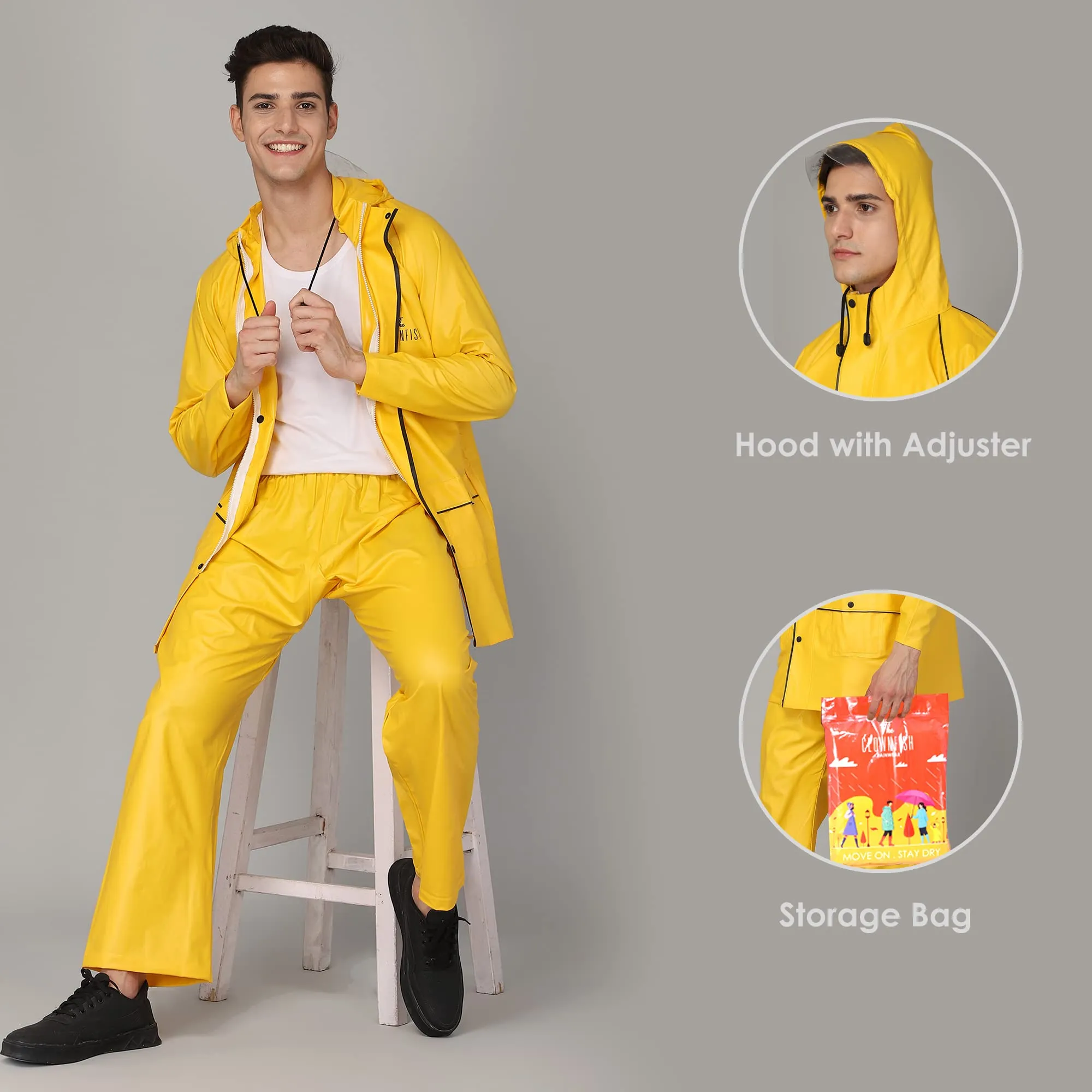 THE CLOWNFISH Roberto Series PVC Rain Coat for Men Waterproof for Bike with Hood Raincoat for Men. Set of Top and Bottom Packed in a matching Storage Bag (Yellow with black piping, XX-Large)