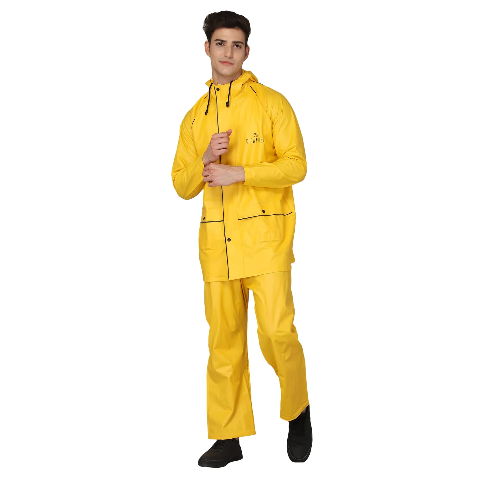 THE CLOWNFISH Roberto Series PVC Rain Coat for Men Waterproof for Bike with Hood Raincoat for Men. Set of Top and Bottom Packed in a matching Storage Bag (Yellow with black piping, XX-Large)