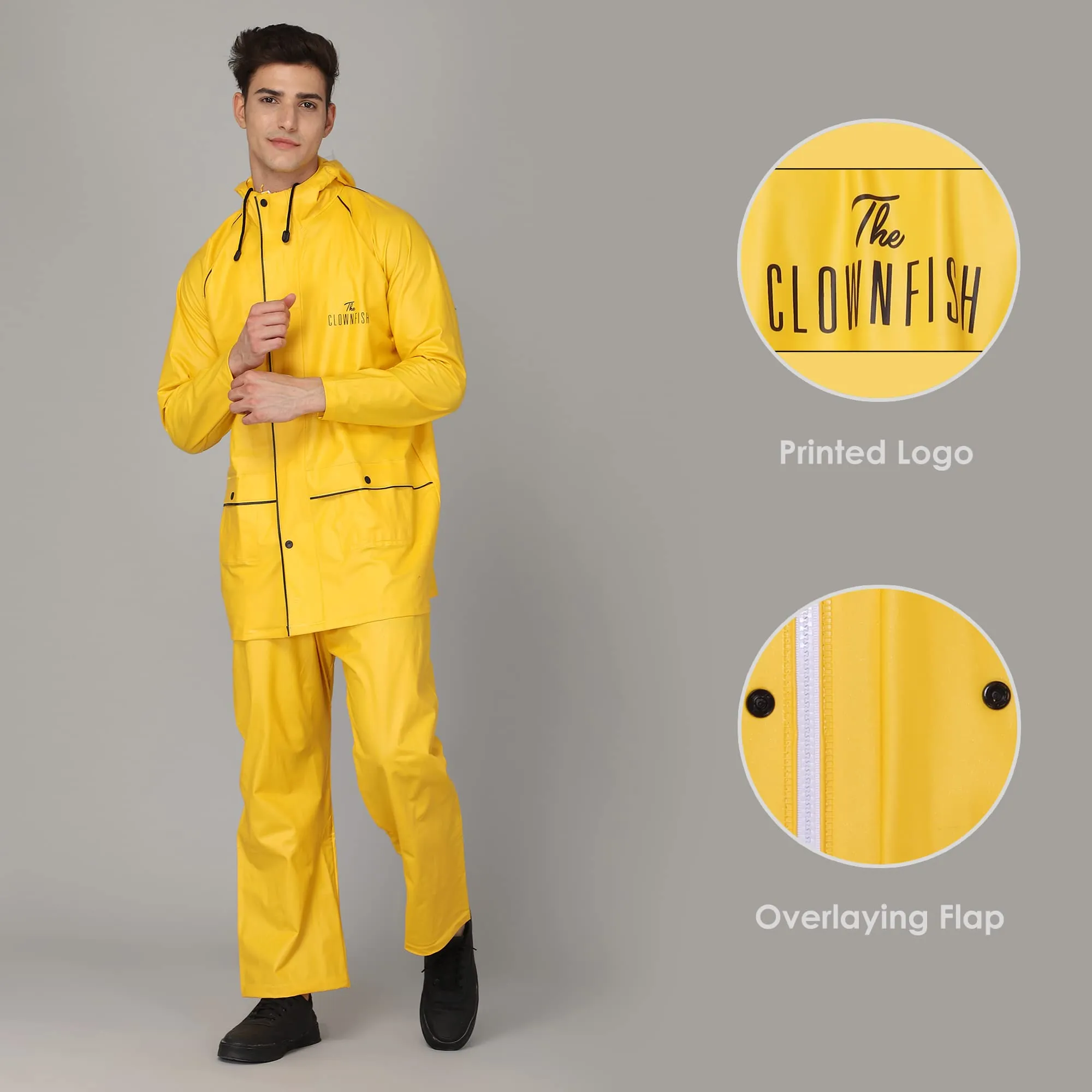 THE CLOWNFISH Roberto Series PVC Rain Coat for Men Waterproof for Bike with Hood Raincoat for Men. Set of Top and Bottom Packed in a matching Storage Bag (Yellow with black piping, XX-Large)