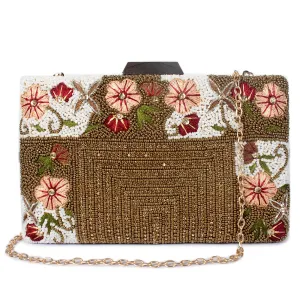 THE CLOWNFISH Senorita Collection Womens Party Clutch Ladies Wallet Evening Bag with Fashionable Beads Work and Floral Embroidered Design (Brown)