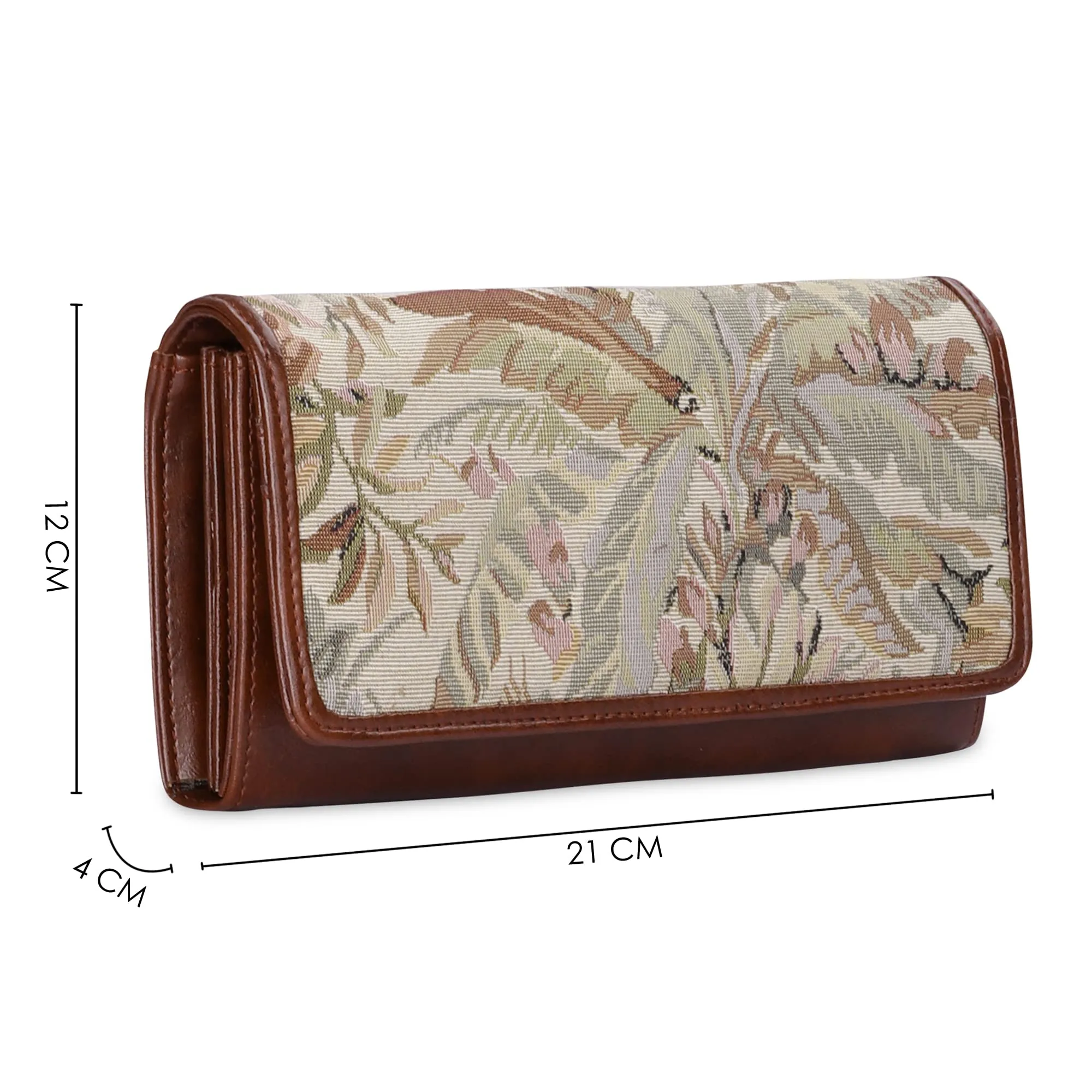 THE CLOWNFISH Sharon Collection Tapestry Fabric & Faux Leather Snap Flap Closure Womens Wallet Clutch Ladies Purse with Multiple Card Holders (Beige)