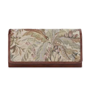 THE CLOWNFISH Sharon Collection Tapestry Fabric & Faux Leather Snap Flap Closure Womens Wallet Clutch Ladies Purse with Multiple Card Holders (Beige)