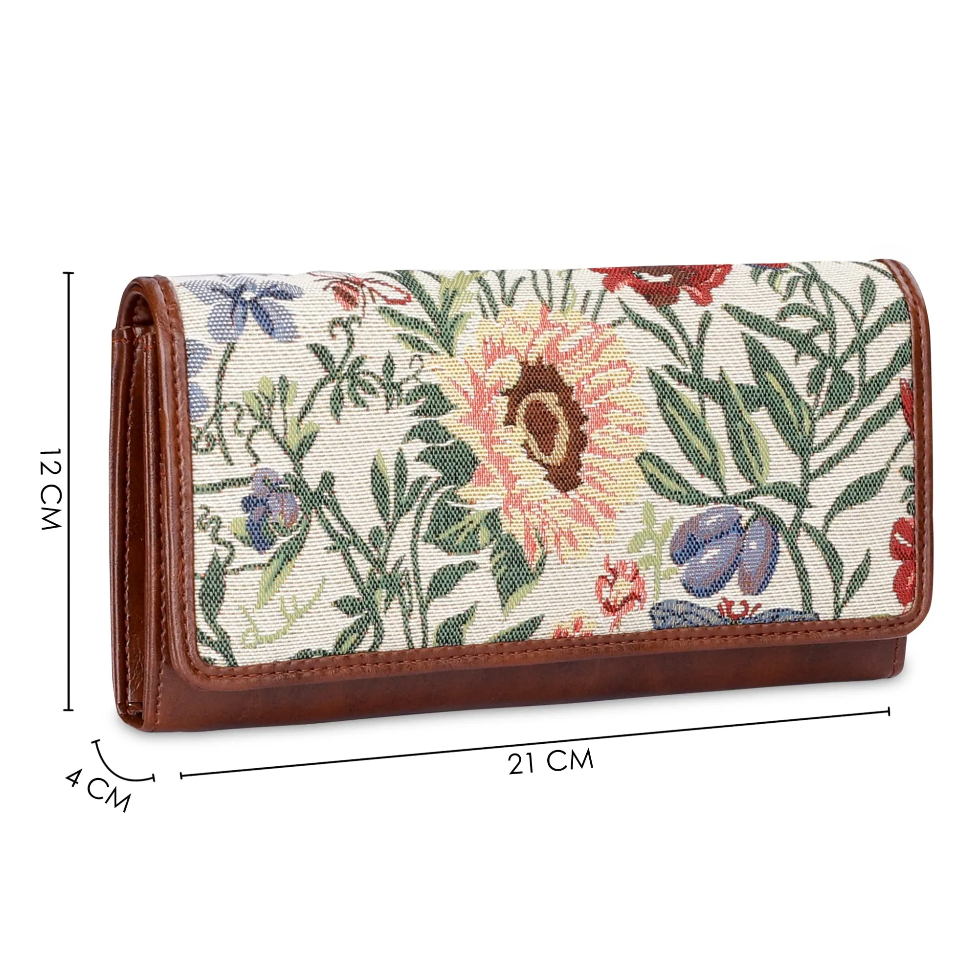 THE CLOWNFISH Sharon Collection Tapestry Fabric & Faux Leather Snap Flap Closure Womens Wallet Clutch Ladies Purse with Multiple Card Holders (Flax)