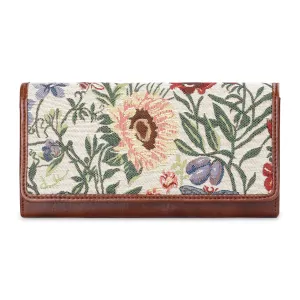 THE CLOWNFISH Sharon Collection Tapestry Fabric & Faux Leather Snap Flap Closure Womens Wallet Clutch Ladies Purse with Multiple Card Holders (Flax)