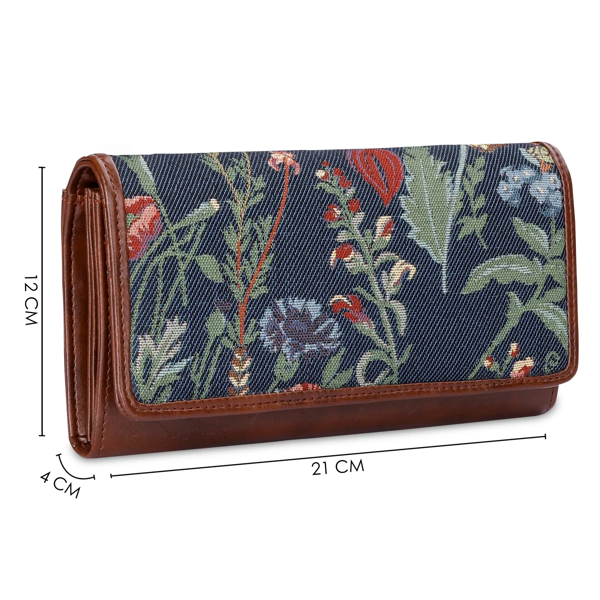 THE CLOWNFISH Sharon Collection Tapestry Fabric & Faux Leather Snap Flap Closure Womens Wallet Clutch Ladies Purse with Multiple Card Holders (Navy Blue-Floral)