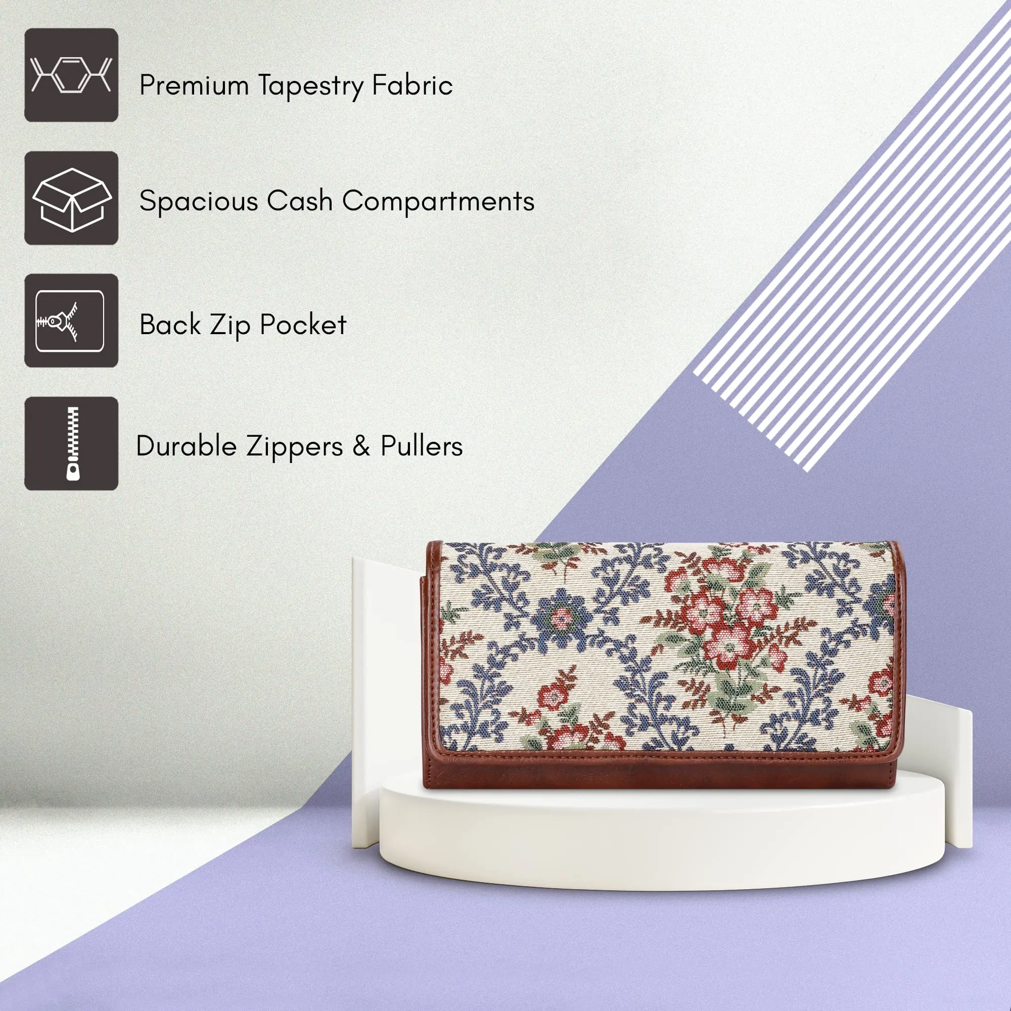 THE CLOWNFISH Sharon Collection Tapestry Fabric & Faux Leather Snap Flap Closure Womens Wallet Clutch Ladies Purse with Multiple Card Holders (Pink-Floral)