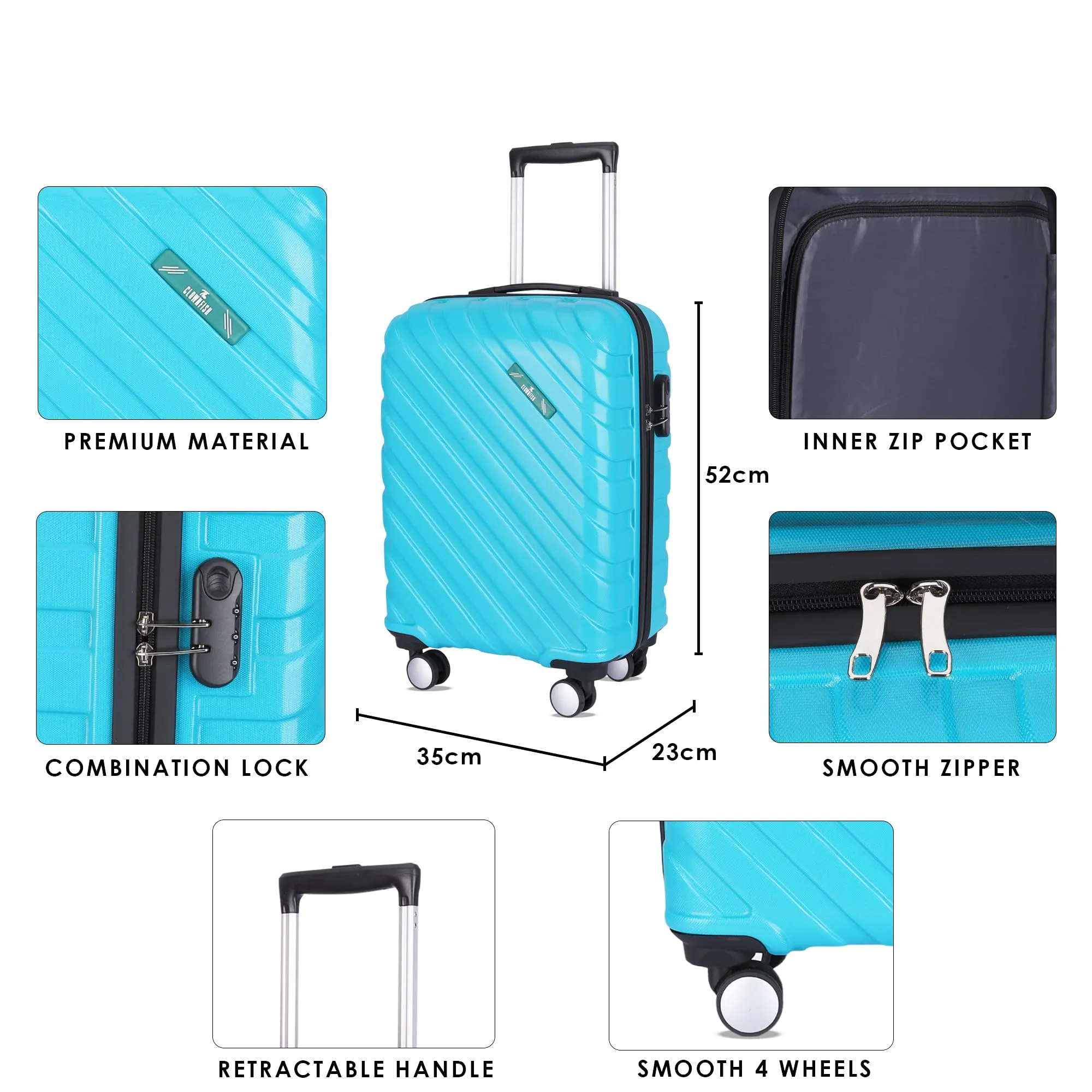 THE CLOWNFISH Wanderwheels Series Luggage ABS Hard Case Suitcase Eight Wheel Trolley Bag- Pacific Blue (52 cm- 20.5 inch)