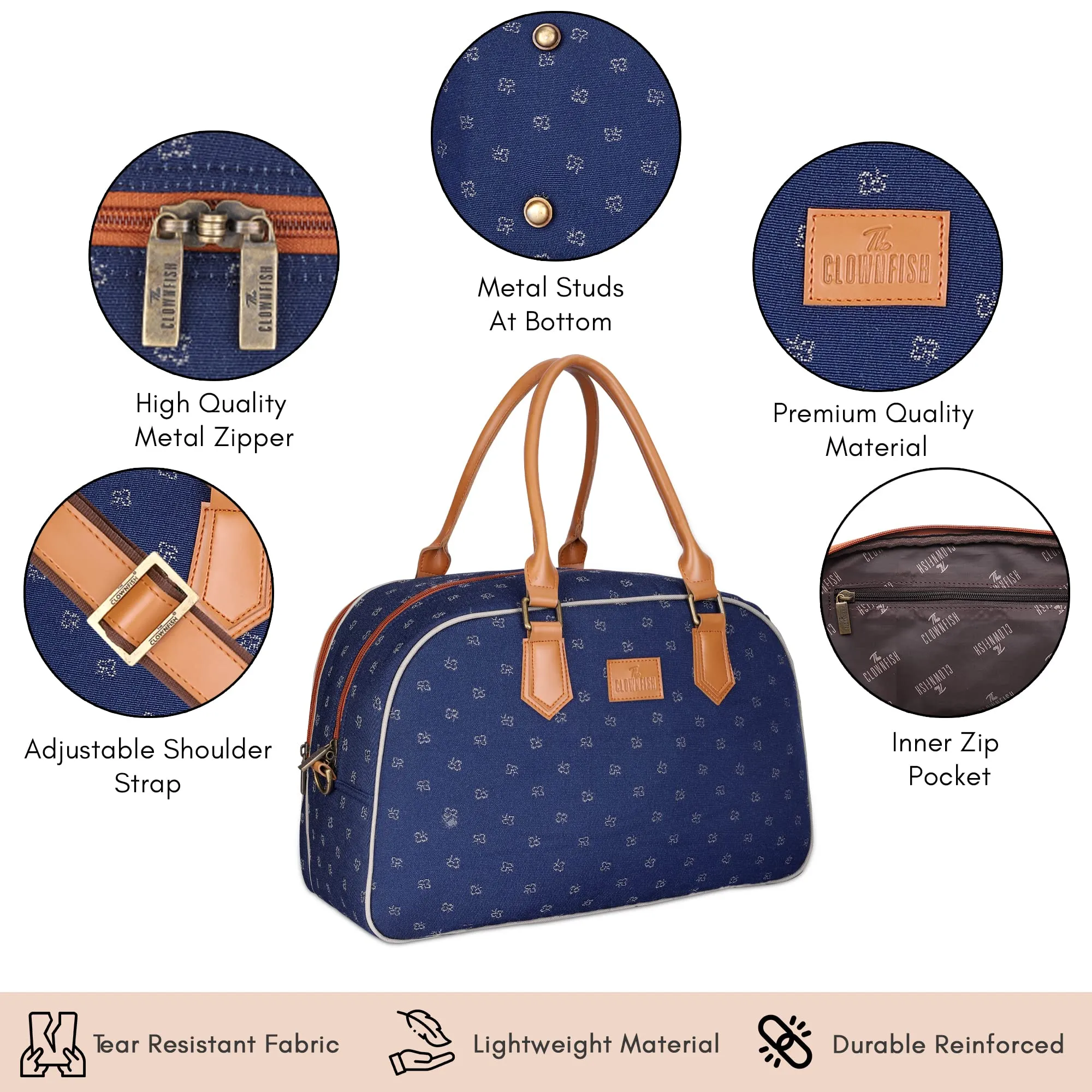 The Clownfish Ziana Series 24 litres Tapestry & Faux Leather Unisex Travel Duffle Bag Luggage Weekender Bag (Blue-Spade Design)