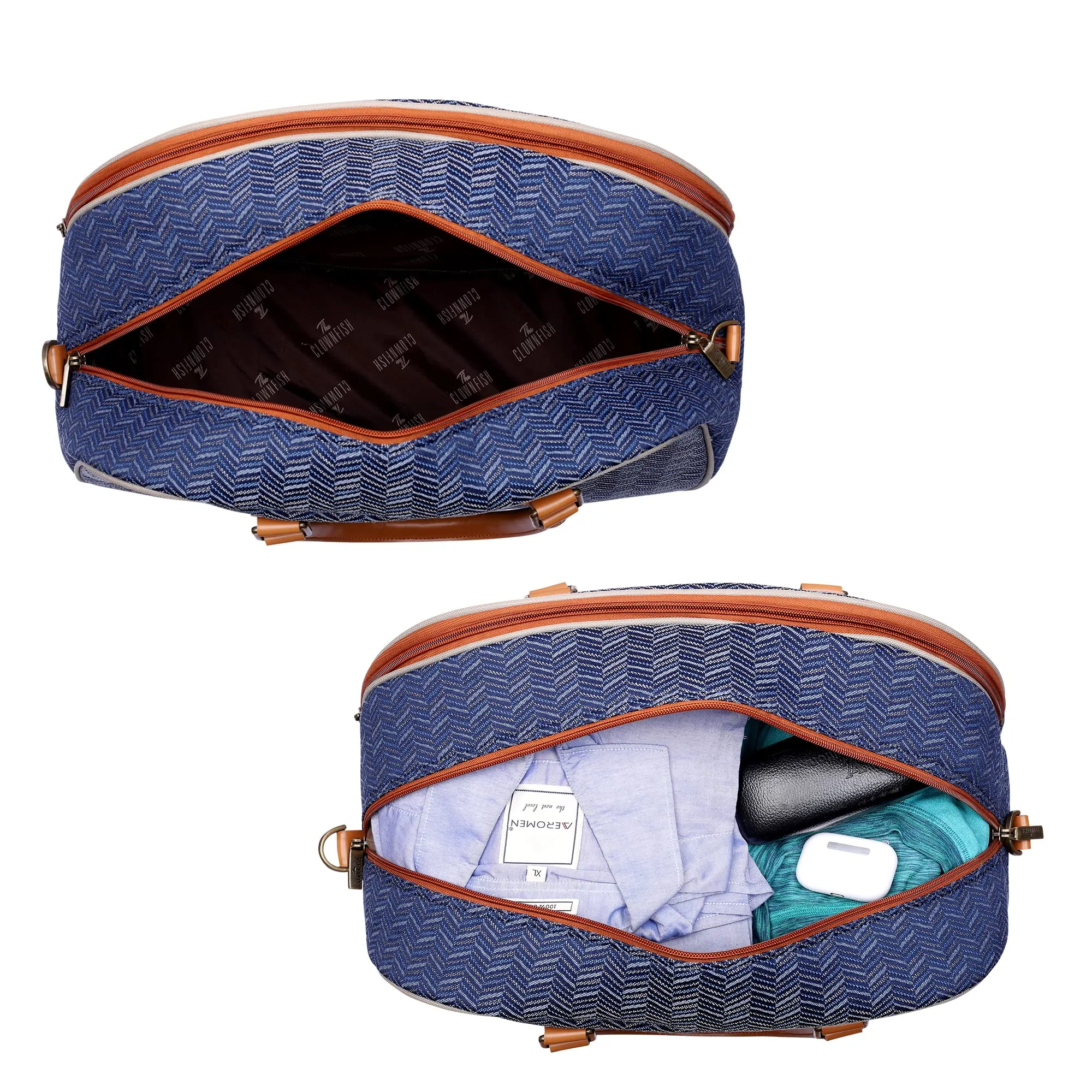 The Clownfish Ziana Series 24 litres Tapestry & Faux Leather Unisex Travel Duffle Bag Luggage Weekender Bag (Blue-Stripes)