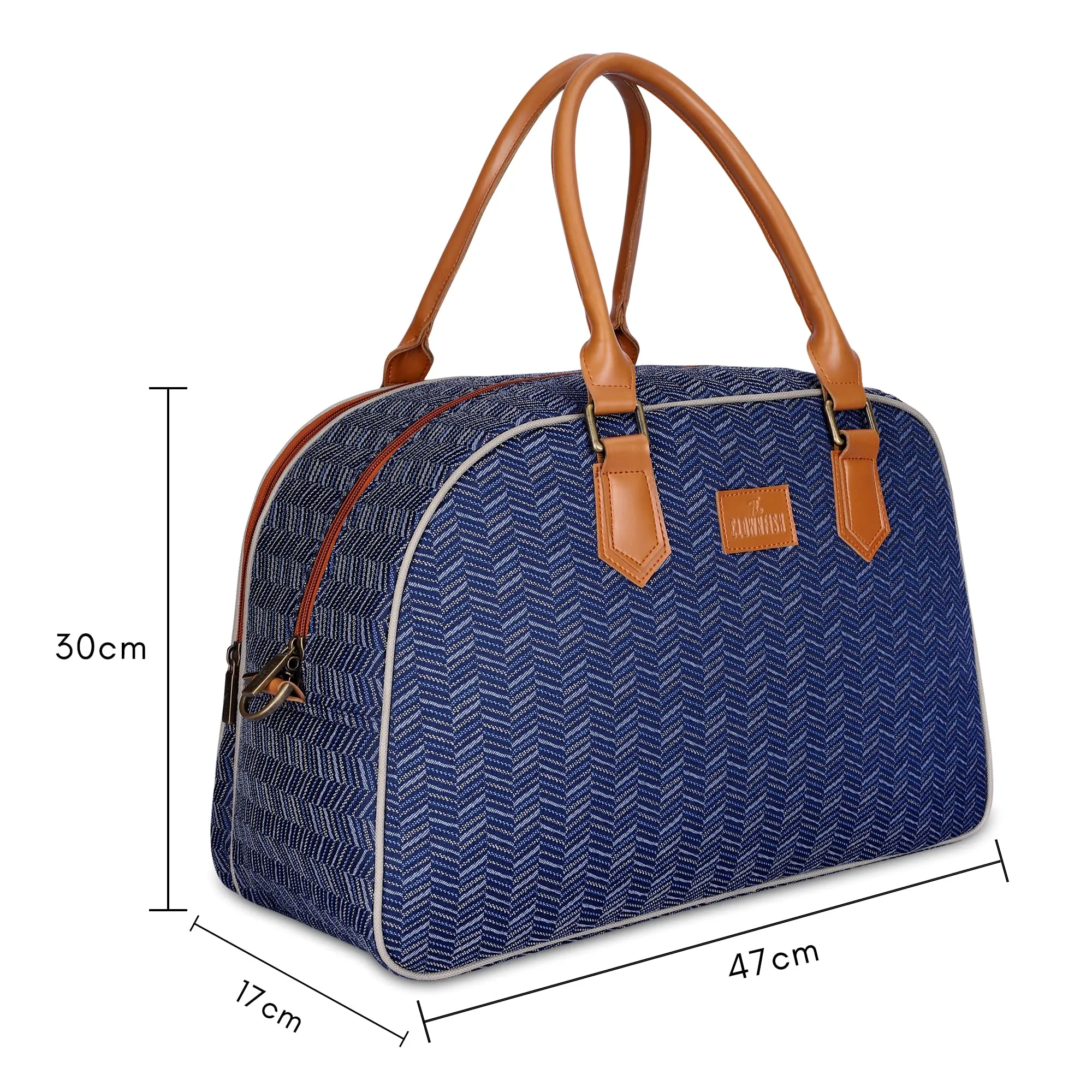 The Clownfish Ziana Series 24 litres Tapestry & Faux Leather Unisex Travel Duffle Bag Luggage Weekender Bag (Blue-Stripes)