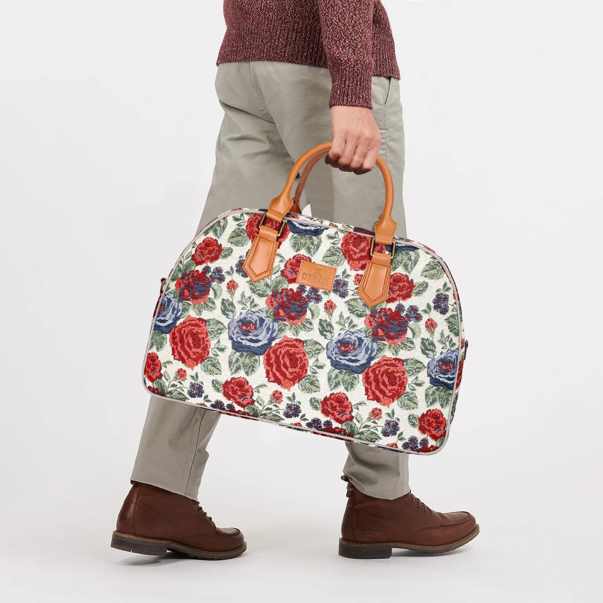 The Clownfish Ziana Series 24 litres Tapestry & Faux Leather Unisex Travel Duffle Bag Luggage Weekender Bag (Red-Floral)