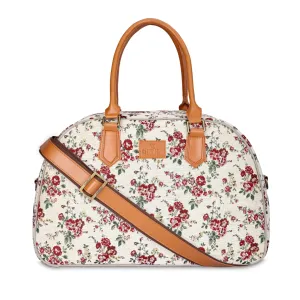 The Clownfish Ziana Series 24 litres Tapestry & Faux Leather Unisex Travel Duffle Bag Luggage Weekender Bag (White-Floral)