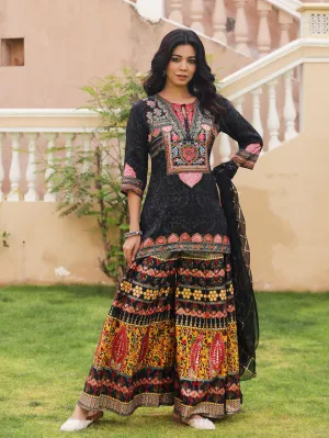 The Dholitaro Black Ethnic Motif Printed Viscose Tunic Sharara & Dupatta Set With Sequins Thread Work