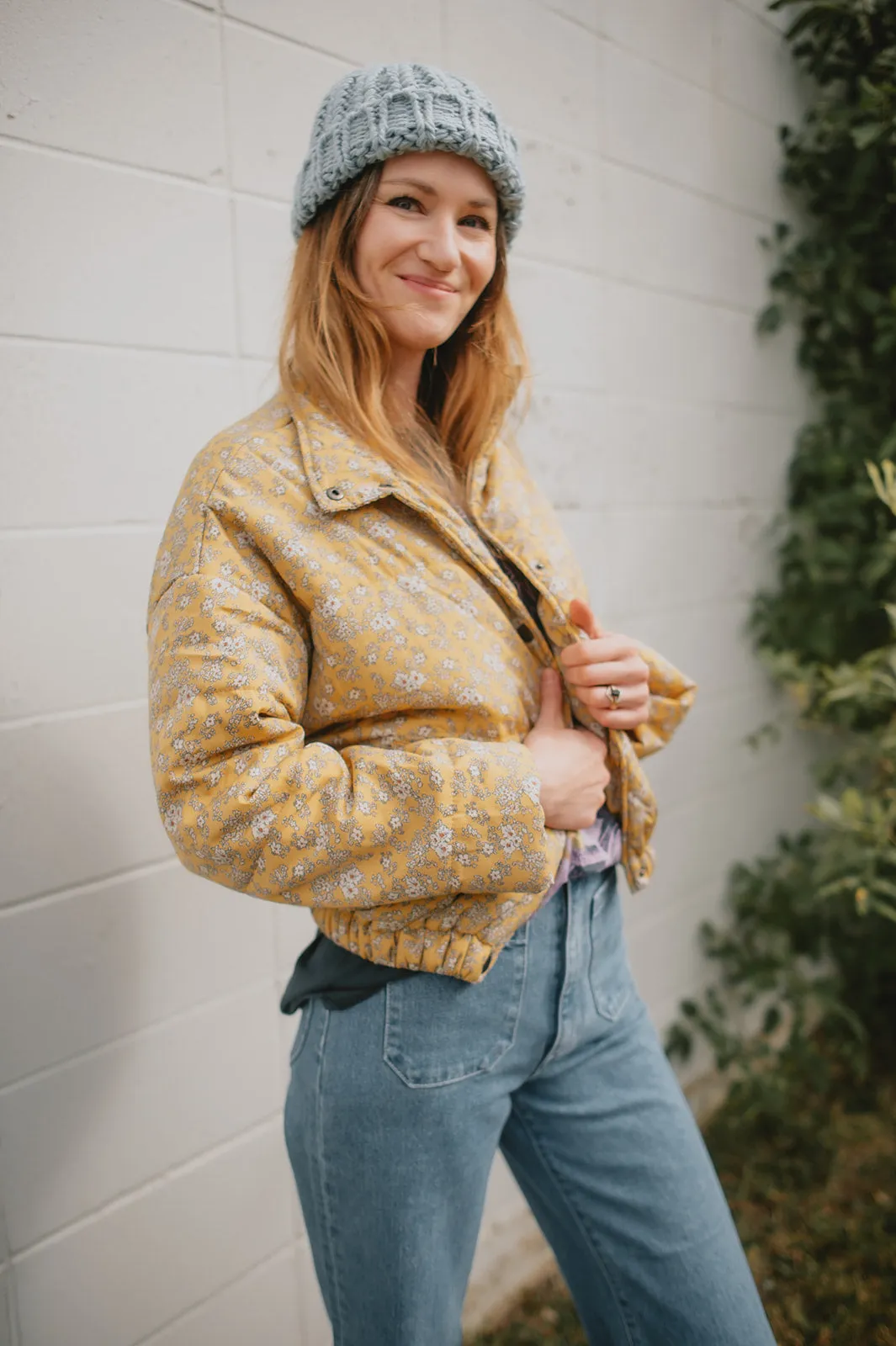 The Ditsy Puffy Jacket - Mustard Floral - PLUS