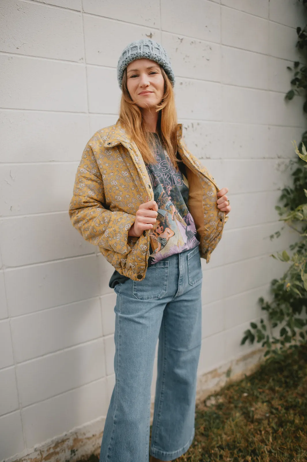 The Ditsy Puffy Jacket - Mustard Floral - PLUS