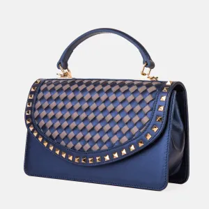 The Dosso Navy Blue and Beige Handwoven Leather Handbag