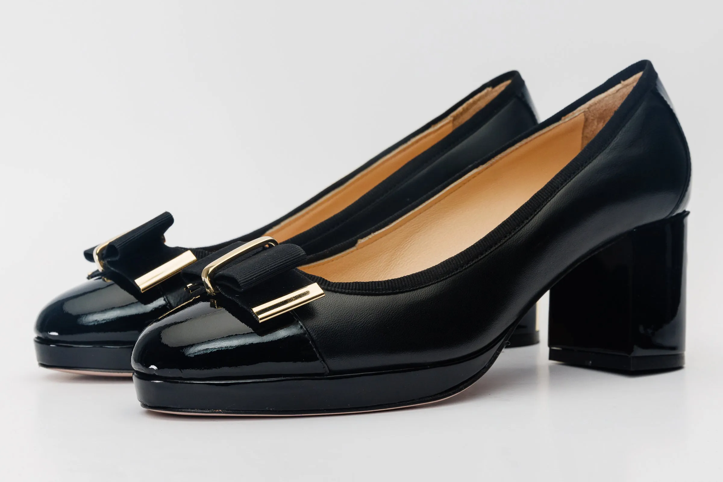 The Fano Black Leather Cap Toe Block Heel Pump Women Shoe