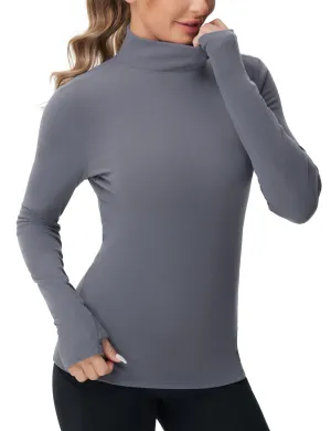 THE GYM PEOPLE Women's Mock Turtleneck Long Sleeve Shirts Fleece Thermal Underwear Pullover Tops with Thumb Hole Grey