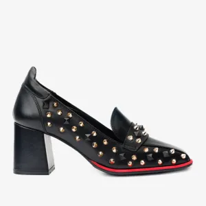 The Infanta Black Spike Leather Block Heel Pump Women Shoe