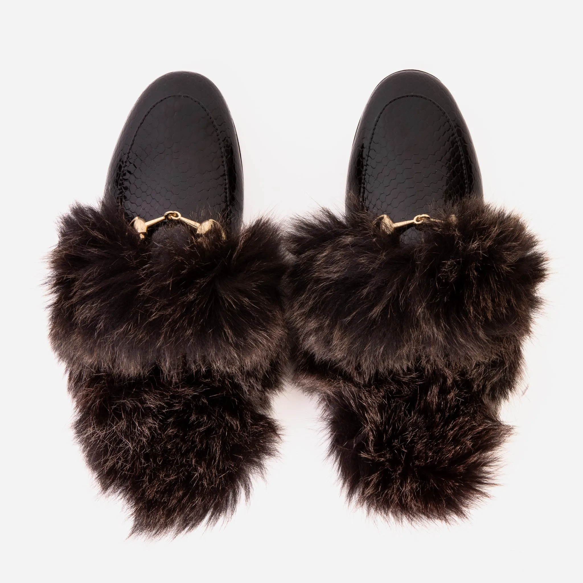 The Izmir Black Patent Leather Natural Fur Women Slipper