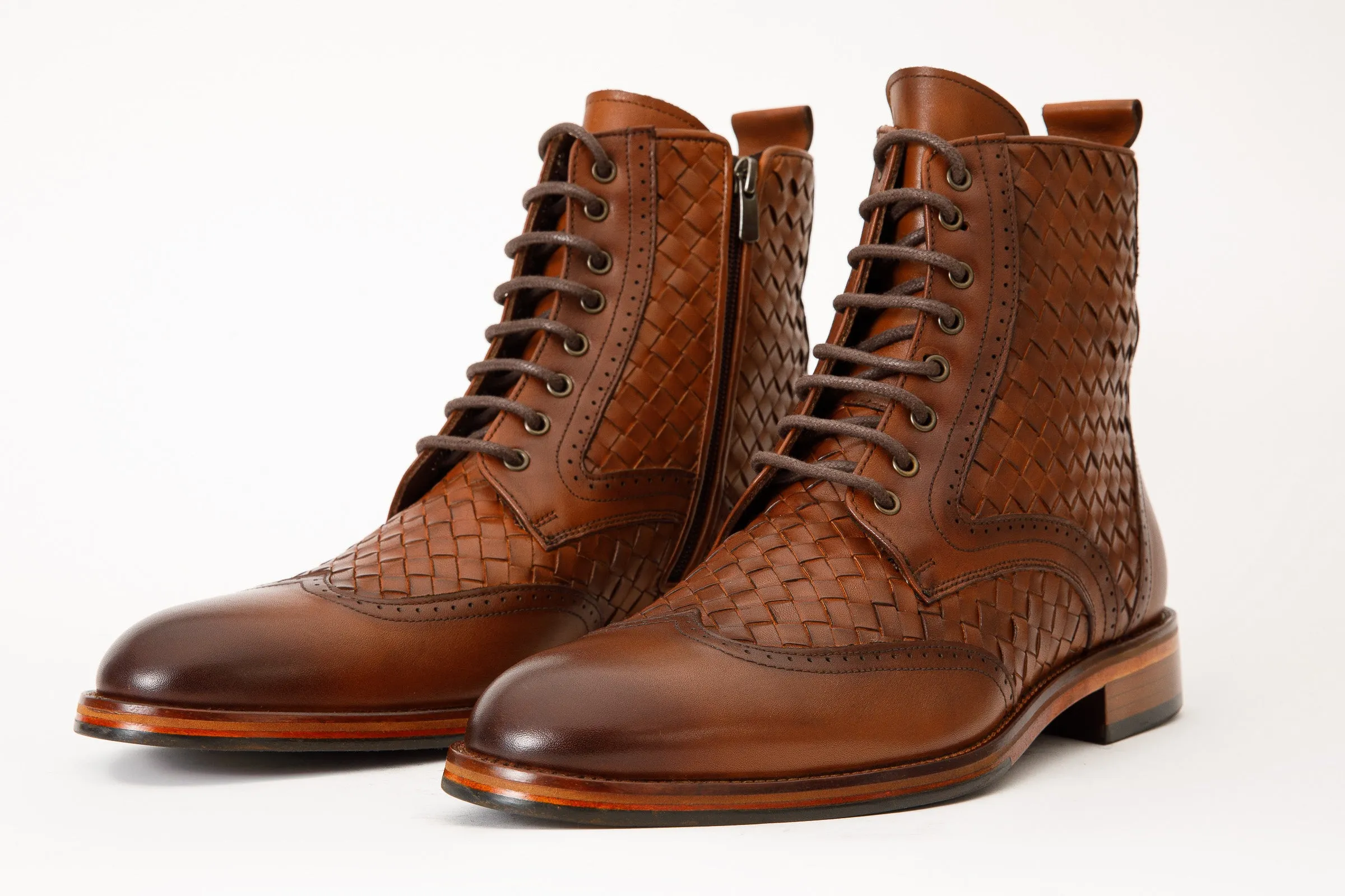 The Loddon Tan Leather Wingtip Brogue Handwoven Lace-Up Men Boot with a Zipper