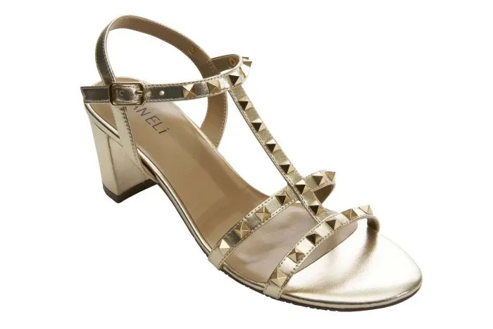 The Mid Heel Pyramid Stud Sandal in Platino