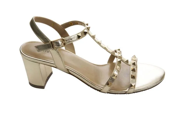 The Mid Heel Pyramid Stud Sandal in Platino