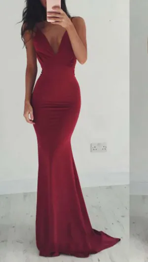 The Nevaeh Deep V Open Back Mermaid Gown Cherry Red