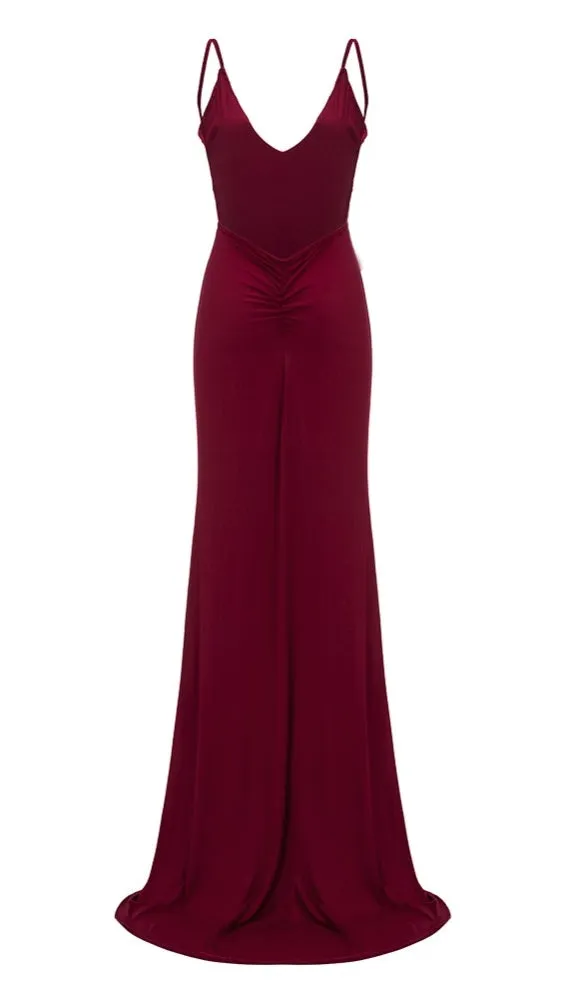 The Nevaeh Deep V Open Back Mermaid Gown Cherry Red