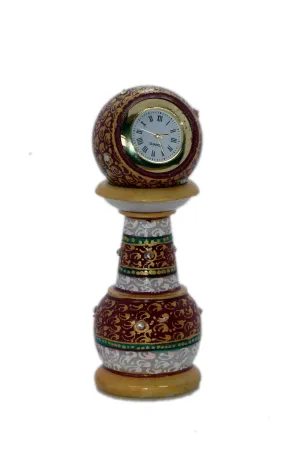 THE SAARTHI SPACE Handmade Ethnic Design Marble Table Clock for Home/Office | Pillar Watch Material - (KADAM Wood)