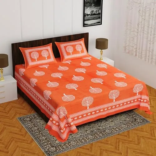 The Trendy Mart Cotton Double Bedsheet Jaipuri/Sanganeri Printed Bedsheets with Pillow Cover, Orange Tree