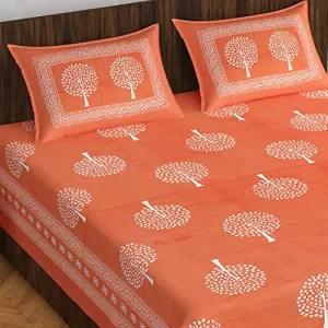 The Trendy Mart Cotton Double Bedsheet Jaipuri/Sanganeri Printed Bedsheets with Pillow Cover, Orange Tree