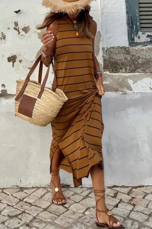 The Tulsa Striped Maxi Dress in Toffee/Black