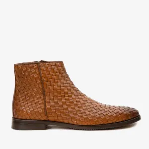 The Wellington Tan Handwoven Leather Men Boot with a Zipper