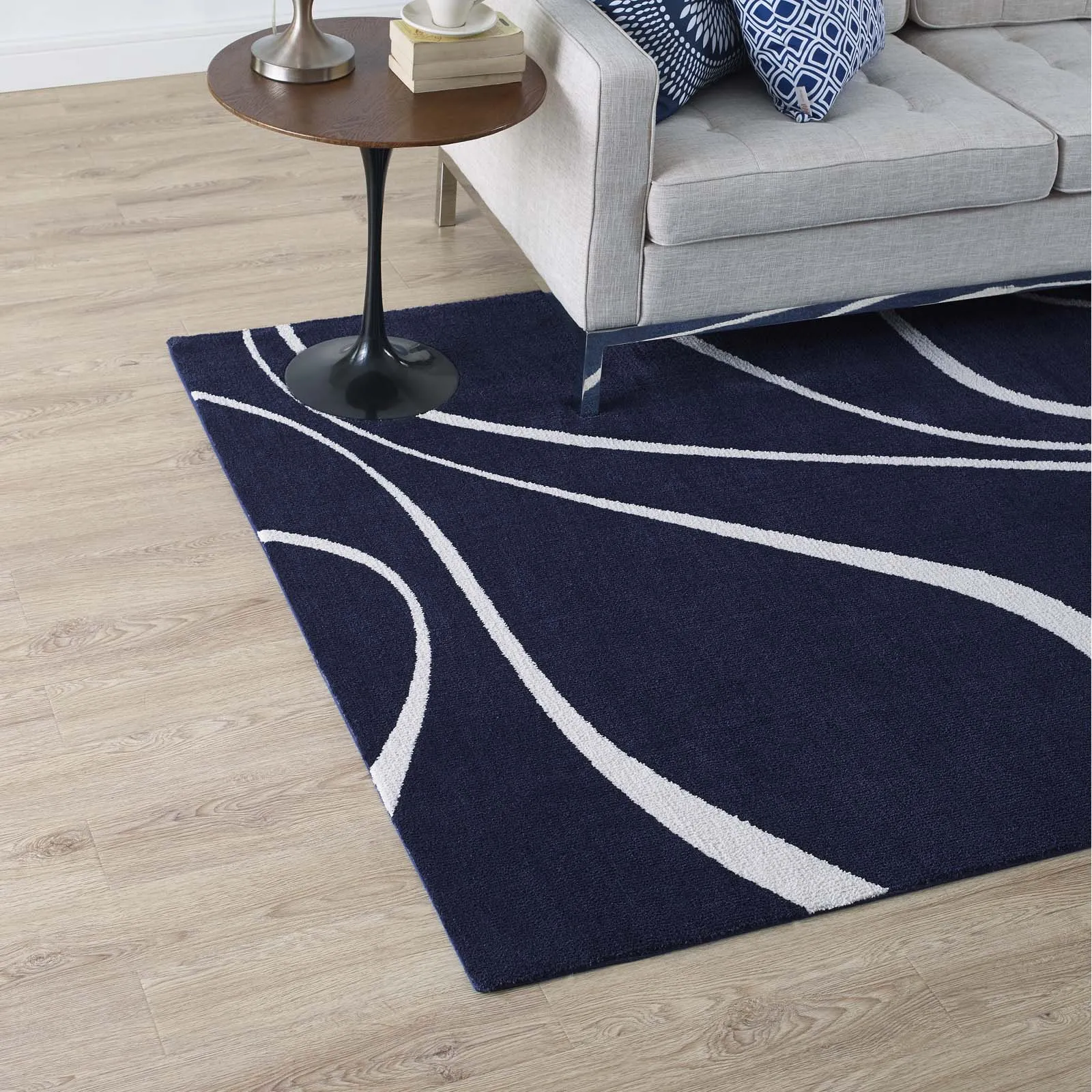 Therese Abstract Swirl 5x8 Area Rug Navy and Ivory