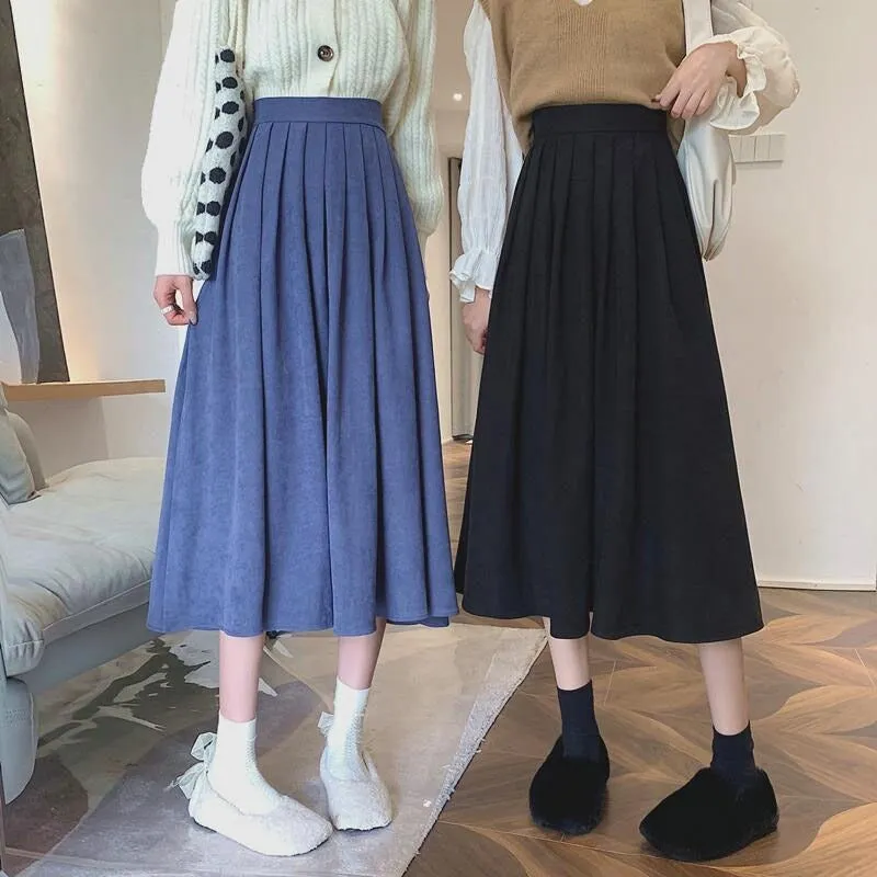 Thick High-Waisted Solid-Colored Pleated Midi Skirts