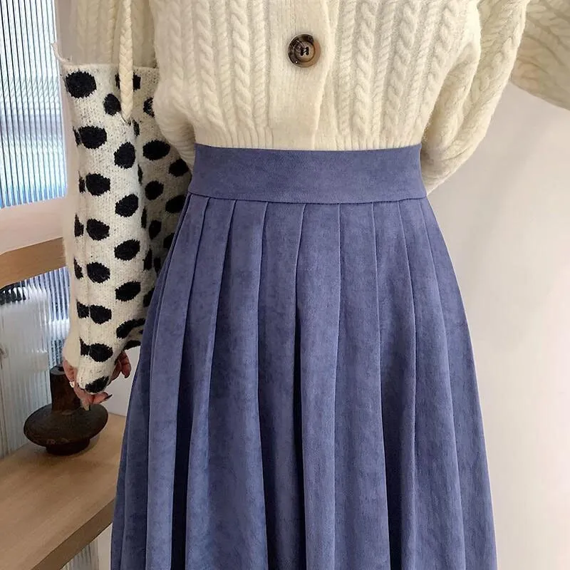 Thick High-Waisted Solid-Colored Pleated Midi Skirts